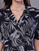 Women's Tropical Palm Print Black & White Cotton Shirt Dress - Image 3