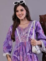 Wome's Purple Floral Cotton A-Line Dress with Lace Detailing Midi Dresses - Image 2