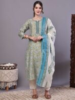 Women's Green & Blue Floral Chanderi Printed Kurta Set with Dupatta Suit Sets - Image 4