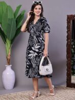Women's Tropical Palm Print Black & White Cotton Shirt Dress