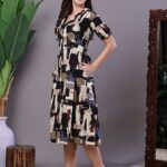 Women's Beige & Black Abstract Print Cotton Shirt Dress Midi Dresses