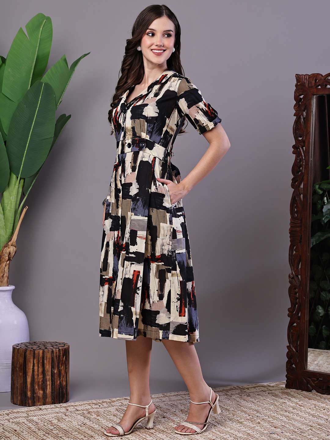 5hOofS.jpg Women's Beige & Black Abstract Print Cotton Shirt Dress Midi Dresses - Image 1