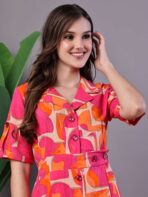 Women's Pink & Orange Abstract Print Cotton Shirt Dress - Image 2