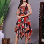 Women's Rust & Grey Abstract Print Cotton Handkerchief Hem Dress Midi Dresses