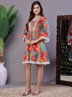 Wome's Vibrant Print Cotton Tunic Dress with Crochet Lace & Three-Quarter Sleeves Midi Dresses