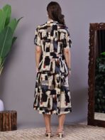 Women's Beige & Black Abstract Print Cotton Shirt Dress Midi Dresses - Image 5