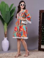 Wome's Vibrant Print Cotton Tunic Dress with Crochet Lace & Three-Quarter Sleeves Midi Dresses - Image 2