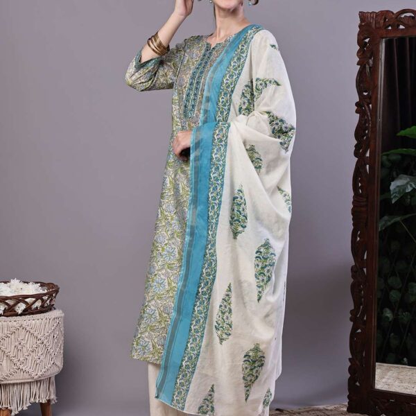 Women's Green & Blue Floral Chanderi Printed Kurta Set with Dupatta Suit Sets