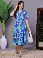 Women's Blue Abstract Print Cotton Shirt Dress - Image 4
