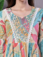Wome's Multicolor Printed Cotton A-Line Dress with Embroidered Yoke Midi Dresses - Image 3
