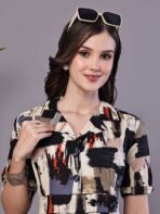 Women's Beige & Black Abstract Print Cotton Shirt Dress Midi Dresses - Image 2