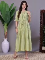 Wome's Boho-Chic Forest Green Tiered Maxi Dress with Puff Sleeves Dresses - Image 4