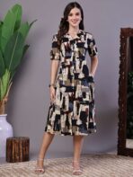Women's Beige & Black Abstract Print Cotton Shirt Dress Midi Dresses - Image 4