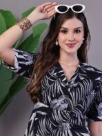 Women's Tropical Palm Print Black & White Cotton Shirt Dress - Image 2