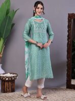 Women's Mint Green Chanderi Embroidered Kurta Set with Dupatta Suit Sets - Image 2