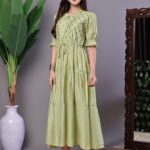 Wome's Boho-Chic Forest Green Tiered Maxi Dress with Puff Sleeves Dresses