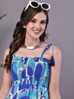Women's Blue Printed Cotton Handkerchief Hem Dress Midi Dresses - Image 2