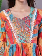 Wome's Vibrant Print Cotton Tunic Dress with Crochet Lace & Three-Quarter Sleeves Midi Dresses - Image 3