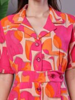Women's Pink & Orange Abstract Print Cotton Shirt Dress - Image 3