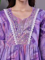 Wome's Purple Floral Cotton A-Line Dress with Lace Detailing Midi Dresses - Image 3
