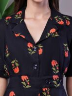 Women's Elegant Indigo & Orange Floral Block Print Cotton Shirt Dress - Image 3