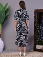 Women's Tropical Palm Print Black & White Cotton Shirt Dress - Image 5