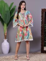 Wome's Multicolor Printed Cotton A-Line Dress with Embroidered Yoke Midi Dresses