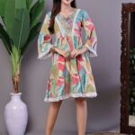 Wome's Multicolor Printed Cotton A-Line Dress with Embroidered Yoke Midi Dresses