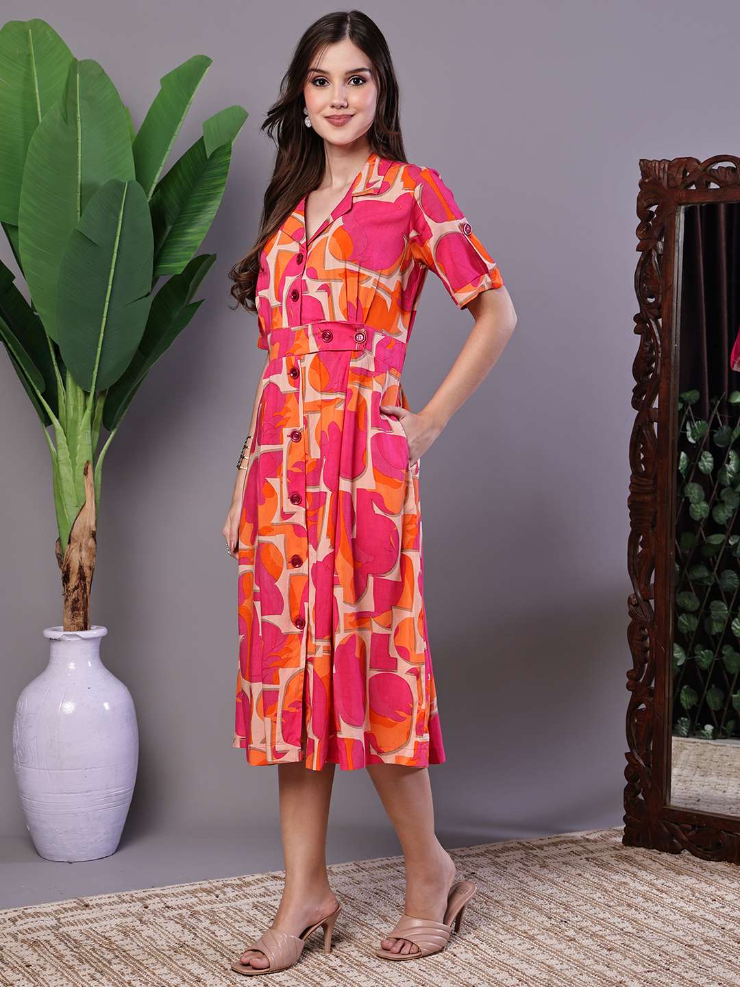 cQBZ9B.jpg Women's Pink & Orange Abstract Print Cotton Shirt Dress - Image 1