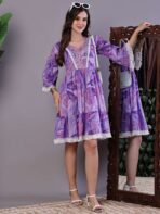 Wome's Purple Floral Cotton A-Line Dress with Lace Detailing Midi Dresses - Image 4