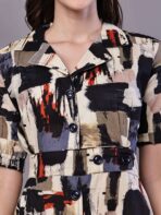 Women's Beige & Black Abstract Print Cotton Shirt Dress Midi Dresses - Image 3