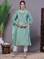 Women's Mint Green Chanderi Embroidered Kurta Set with Dupatta Suit Sets - Image 4