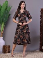 Women's Chic Black & Rust Floral Print Button-Front Midi Dress