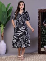 Women's Tropical Palm Print Black & White Cotton Shirt Dress - Image 4
