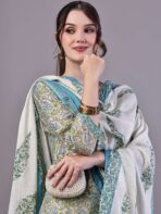 Women's Green & Blue Floral Chanderi Printed Kurta Set with Dupatta Suit Sets - Image 2