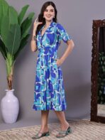 Women's Blue Abstract Print Cotton Shirt Dress - Image 2