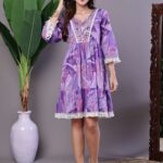 Wome's Purple Floral Cotton A-Line Dress with Lace Detailing Midi Dresses