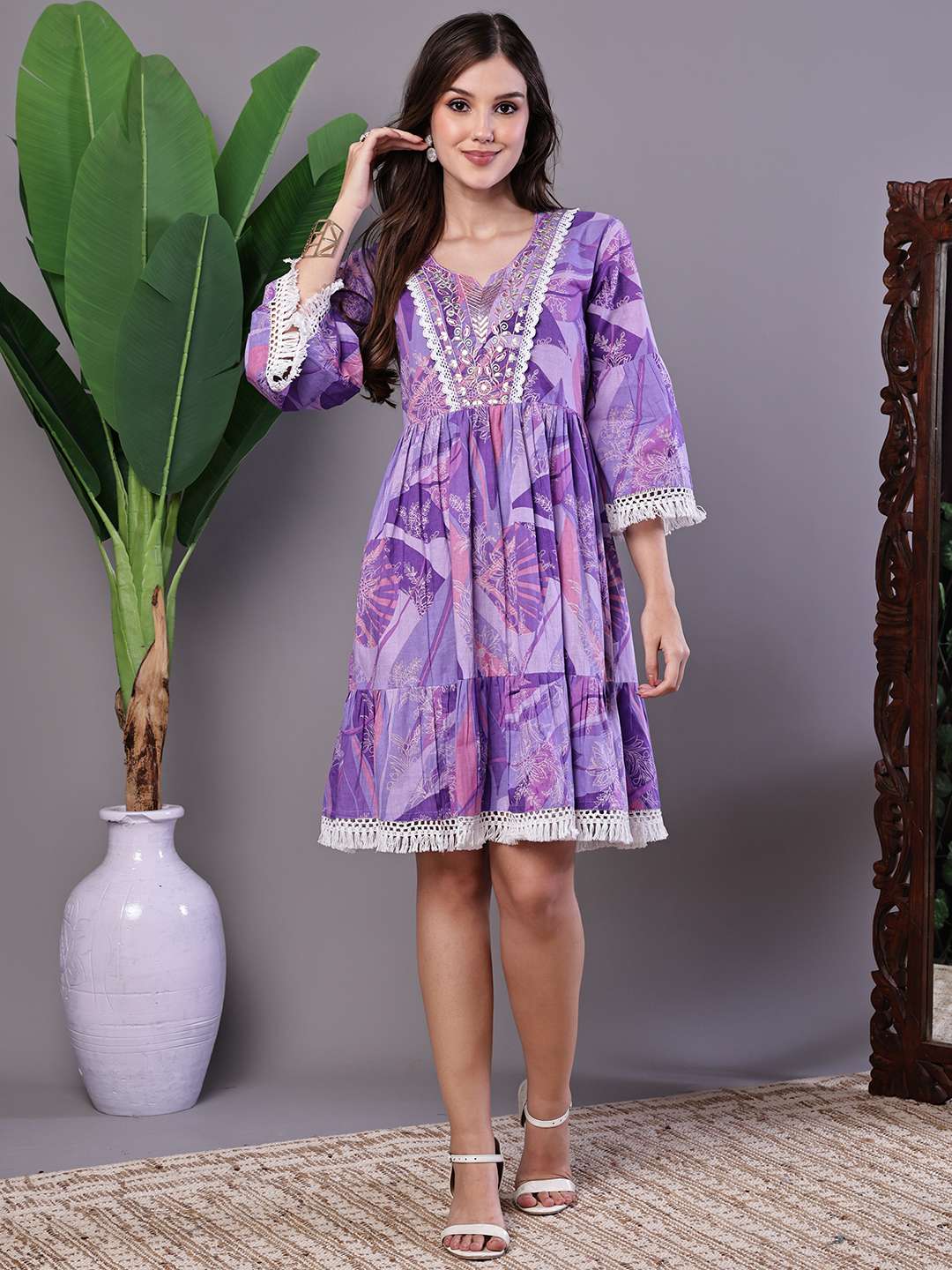qhn3vw.jpg Wome's Purple Floral Cotton A-Line Dress with Lace Detailing Midi Dresses - Image 1