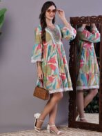 Wome's Multicolor Printed Cotton A-Line Dress with Embroidered Yoke Midi Dresses - Image 4