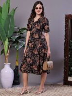 Women's Chic Black & Rust Floral Print Button-Front Midi Dress - Image 4