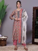Women's Pink Floral Chanderi Printed Kurta Set with Dupatta Suit Sets - Image 4