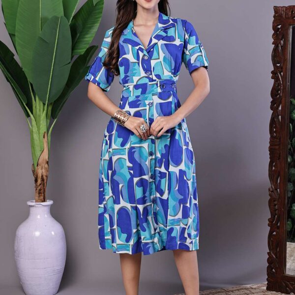 Women's Blue Abstract Print Cotton Shirt Dress