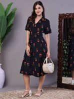 Women's Elegant Indigo & Orange Floral Block Print Cotton Shirt Dress - Image 4
