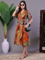 Women's Bohemian Chic Multi-Color Paisley Print Cotton Collared Midi Dress - Image 4