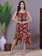 Women's Rust & Grey Abstract Print Cotton Handkerchief Hem Dress Midi Dresses - Image 4
