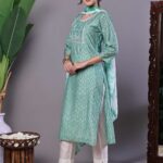 Women's Mint Green Chanderi Embroidered Kurta Set with Dupatta Suit Sets